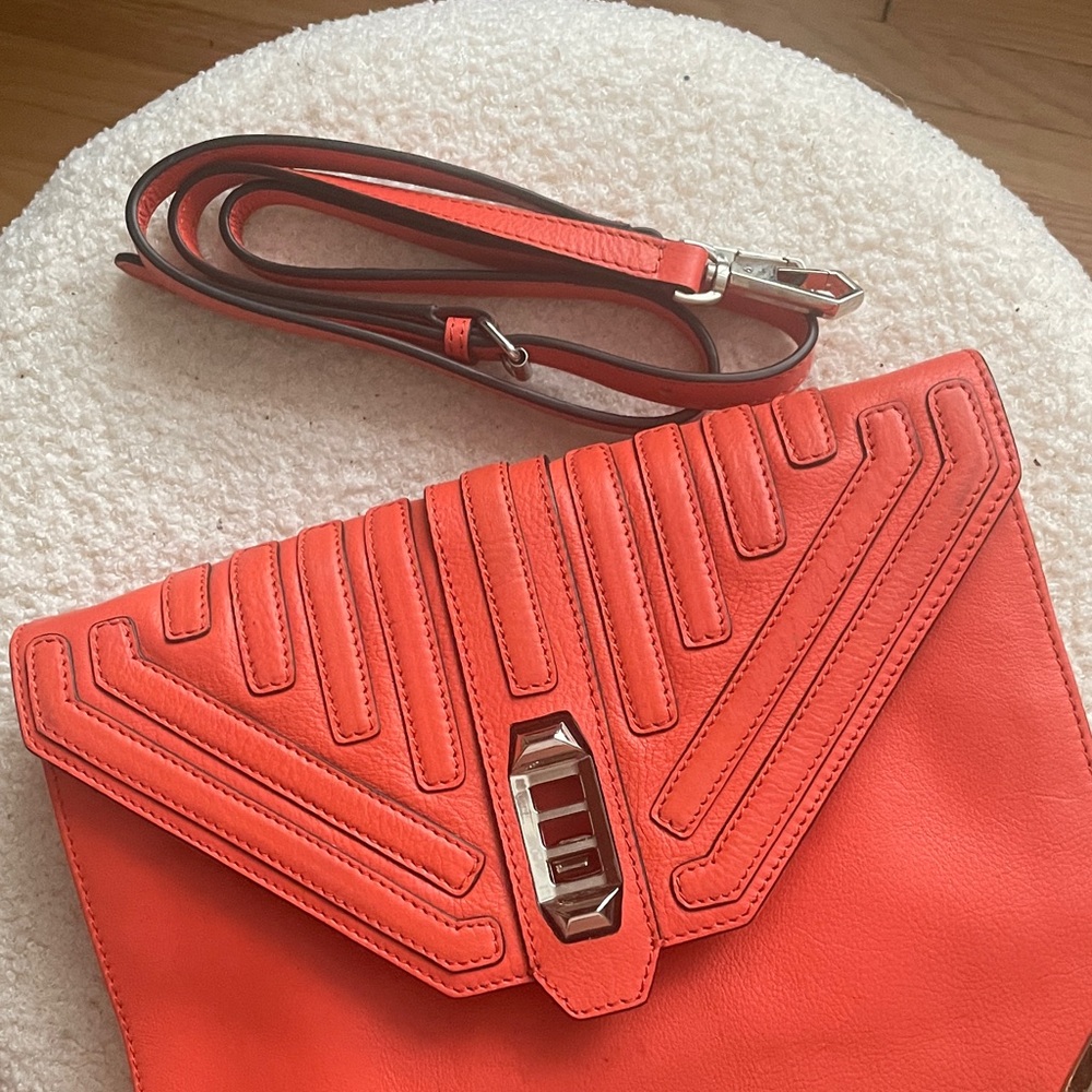 Coral Clutch Rebecca Minkoff Leather Bag Crossbody Strap Silver Hardware - Picture 8 of 8
